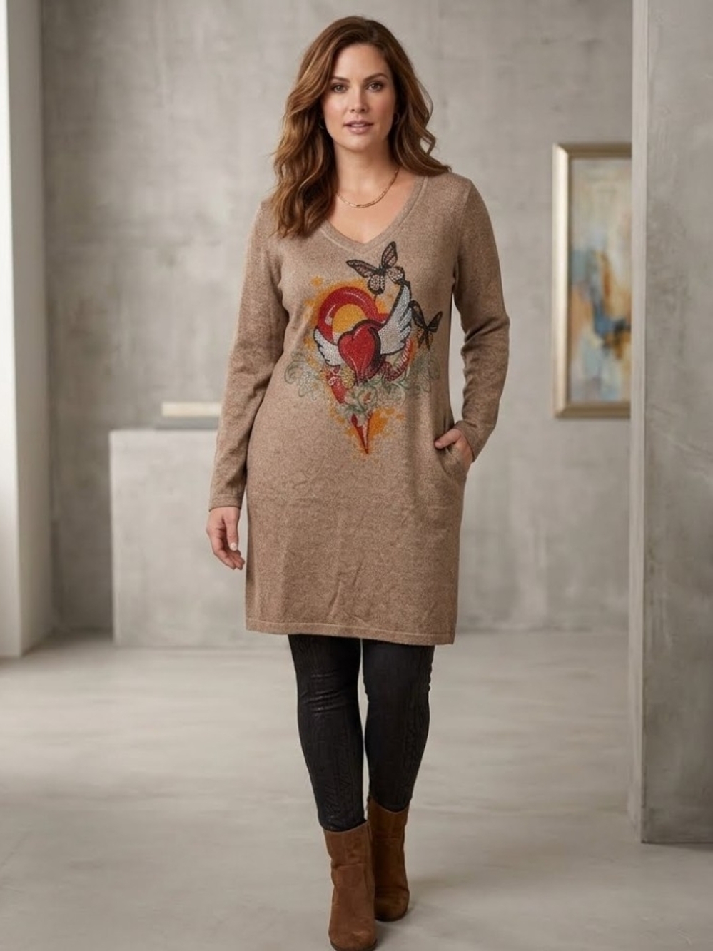 Long-Sleeve V-Neck Tunic Dress in Taupe with Graphic Front